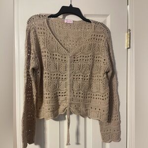 Pink Lily Tan Cardigan Sweater with Intricate Knit